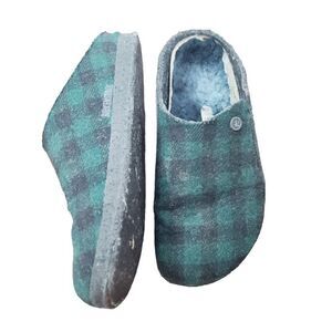Birkenstock Zermatt Shearling Wool Slipper Plaid Teal Green